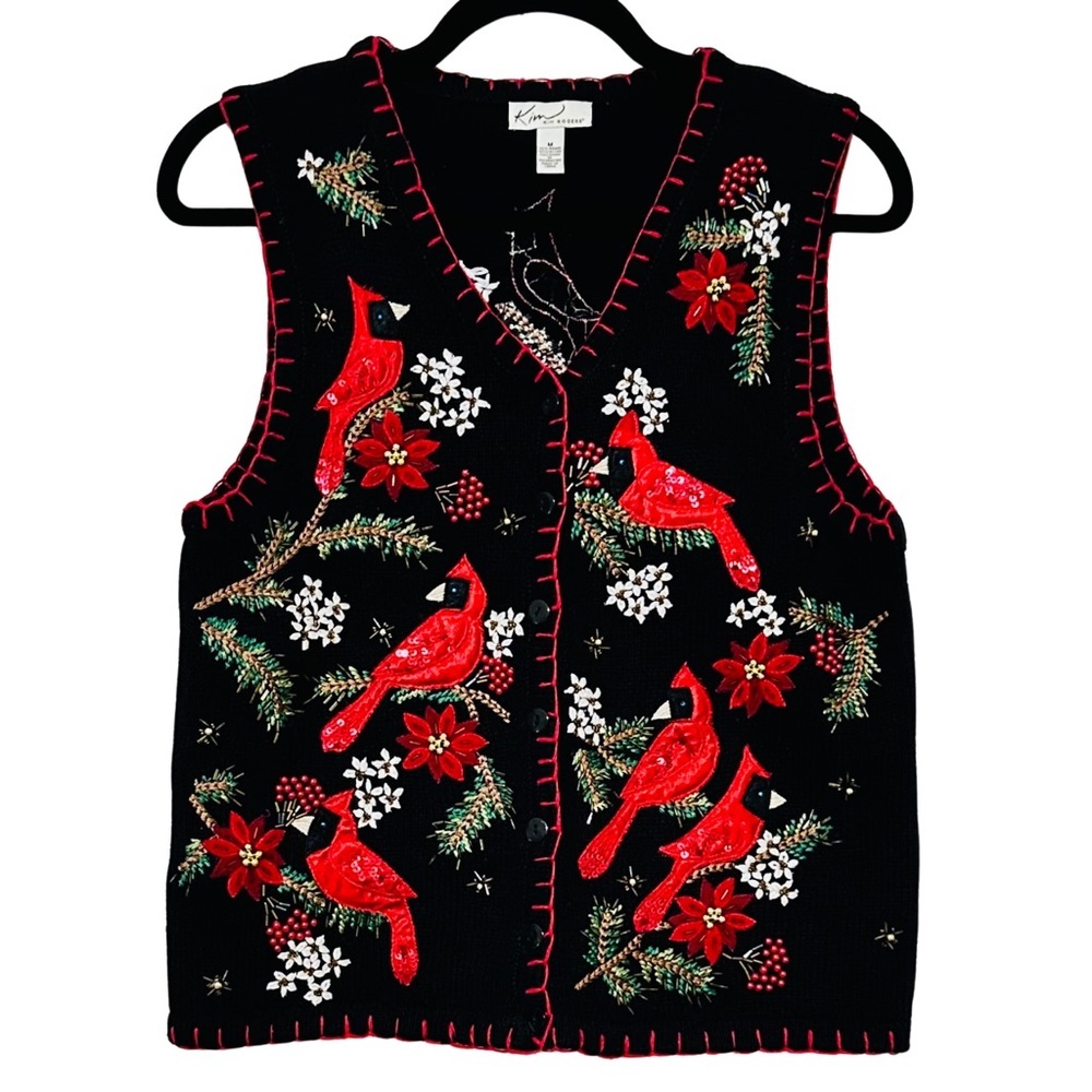 Kim Rogers Cardinal Embroidered Holiday Festive Sweater Vest Women’s Size Medium